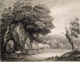 Paesaggio boscoso con carri e figure
